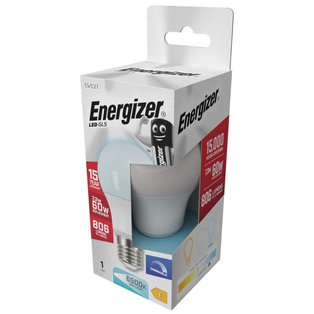 Energizer GLS ES-E27 LED Bulb White 105mm x 60mm S29783 | 7.3W | 60W Replacement | 6500K Day Light | 806 Lumens | 15-Year Lifespan | Dimmable | 15000Hr Lifespan | Mercury Free | Energy Rating E | CRI-80