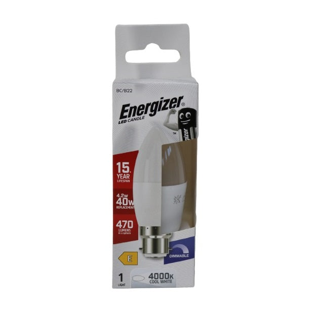 Energizer Opal BC-B22 LED Candle White 98mm x 37mm S30637 | 4.2W | 40W Replacement | 4000K Cool White | 470 Lumens | 15-Year Lifespan | Dimmable | 15000Hr Lifespan | Mercury Free | Energy Rating E | CRI-80