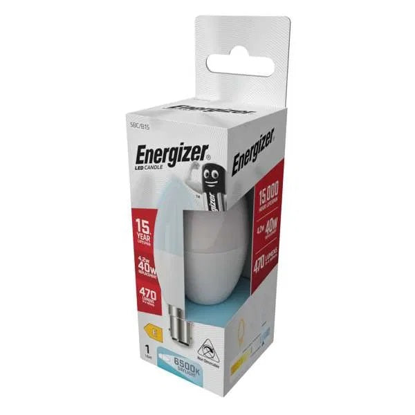Energizer Opal SBC-B15 LED Candle White 96mm x 37mm S29740 | 4.2W | 40W Replacement | 6500K Daylight | 470 Lumens | 15-Year Lifespan | Non Dimmable | 15000Hr Lifespan | Mercury Free | Energy Rating E | CRI-80