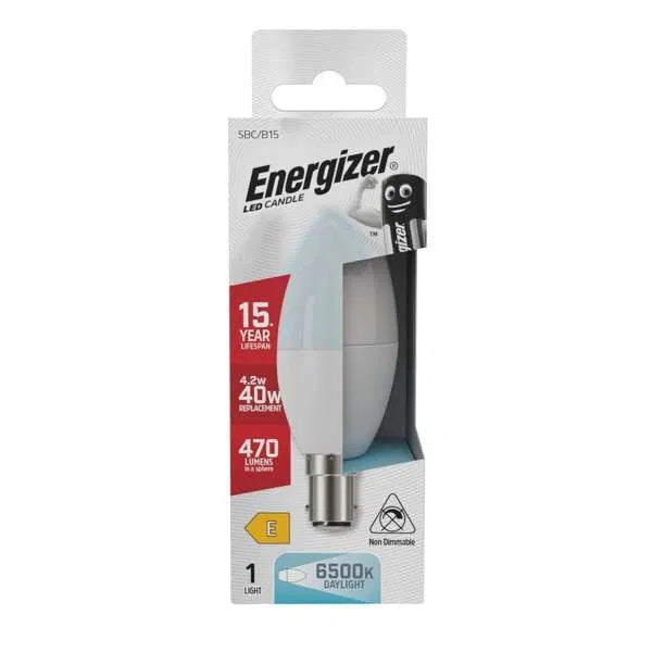 Energizer Opal SBC-B15 LED Candle White 96mm x 37mm S29740 | 4.2W | 40W Replacement | 6500K Daylight | 470 Lumens | 15-Year Lifespan | Non Dimmable | 15000Hr Lifespan | Mercury Free | Energy Rating E | CRI-80