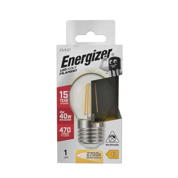 Energizer Golf Filament ES-E27 LED Bulb Transparent 78mm x 45mm S29791 | 4W | 40W Replacement | 2700K Warm White | 470 Lumens | 15-Year Lifespan | Non-Dimmable | 15000Hr Lifespan | Mercury Free | Energy Rating E | CRI-80