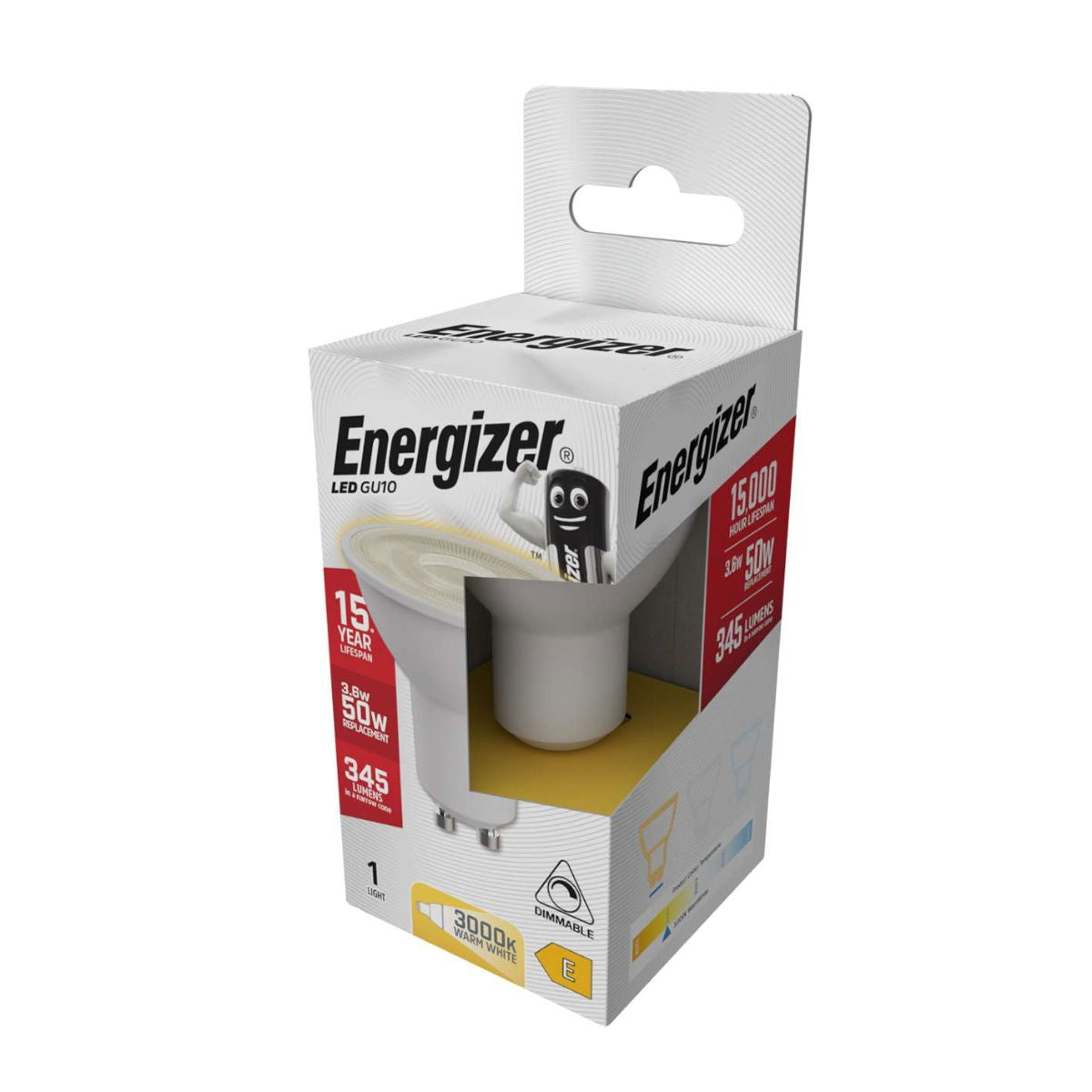 Energizer GU10 LED Light Bulb White 54mm x 50mm S8826 | 3.6W | 50W Replacement | 3000K Warm White | 345 Lumens | 15-Year Lifespan | Dimmable | 15000Hr Lifespan | Mercury Free | Energy Rating E | CRI-80