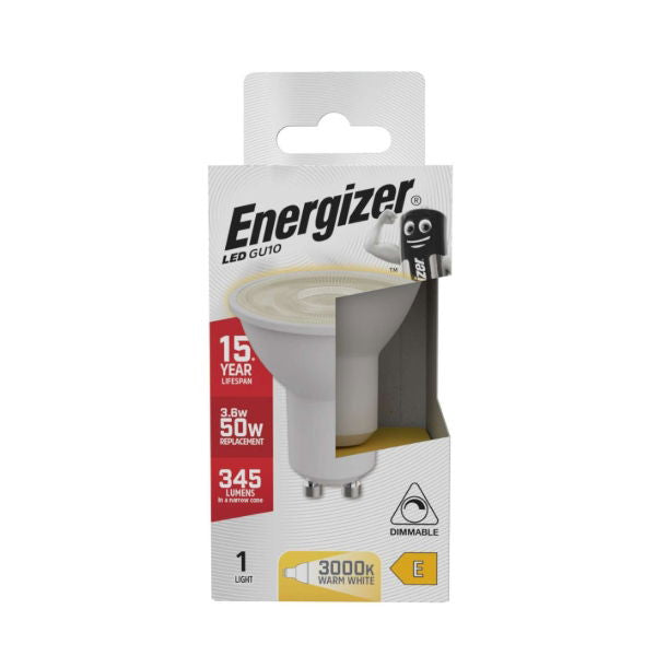Energizer GU10 LED Light Bulb White 54mm x 50mm S8826 | 3.6W | 50W Replacement | 3000K Warm White | 345 Lumens | 15-Year Lifespan | Dimmable | 15000Hr Lifespan | Mercury Free | Energy Rating E | CRI-80