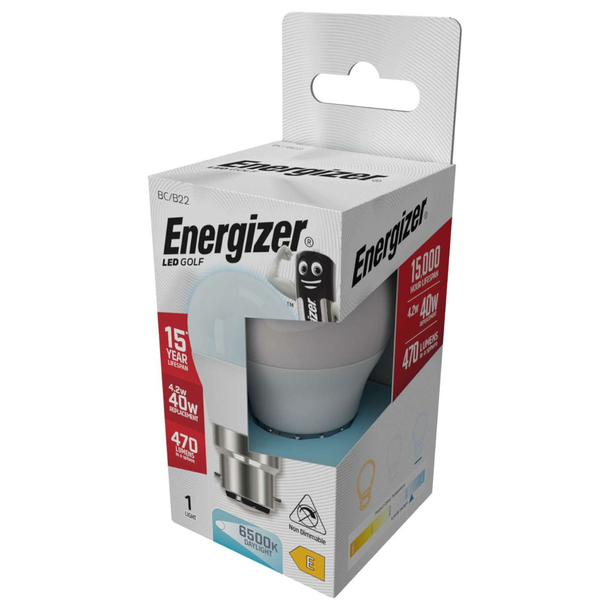 Energizer Golf BC-B22 LED Bulb White 78mm x 45mm S29744 | 4.2W | 40W Replacement | 6500K Daylight | 470 Lumens | 15-Year Lifespan | Non Dimmable | 15000Hr Lifespan | Mercury Free | Energy Rating E | CRI-80