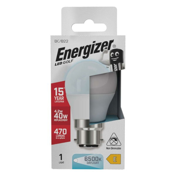 Energizer Golf BC-B22 LED Bulb White 78mm x 45mm S29744 | 4.2W | 40W Replacement | 6500K Daylight | 470 Lumens | 15-Year Lifespan | Non Dimmable | 15000Hr Lifespan | Mercury Free | Energy Rating E | CRI-80