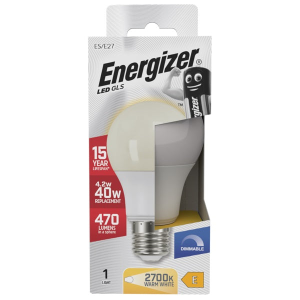 Energizer GLS ES-E27 LED Bulb White 105mm x 60mm S29776 | 4.2W | 40W Replacement | 2700K Warm White | 470 Lumens | 15-Year Lifespan | Dimmable | 15000Hr Lifespan | Mercury Free | Energy Rating E | CRI-80