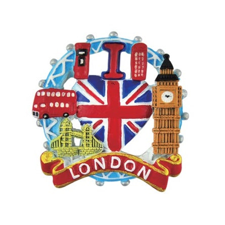 London Souvenir Round Resin Fridge Magnet Multicoloured MFM10 | Union Jack-Big Ben and Red Double Decker Bus | UK Travel Keepsake