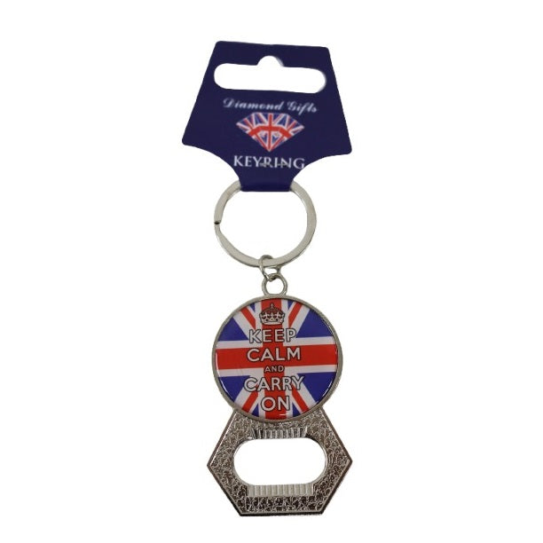 Keep Calm and Carry on Bottle Opener Keyring Multicoloured MKR19 | Union Jack British Design | Metal Keychain with Built-In Bottle Opener | UK Souvenir Gift