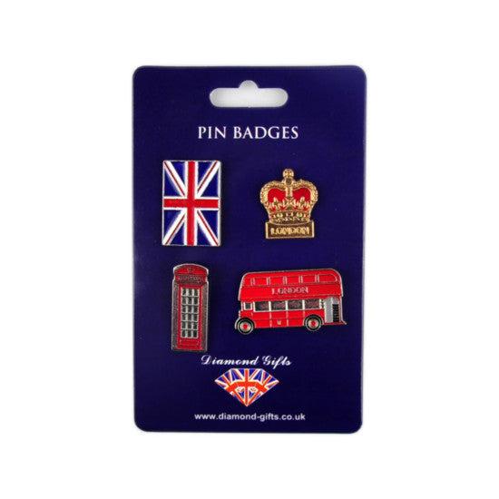 London Souvenir Pin Badge Set Multicoloured Pack of 4 MPB01 | Union Jack-Crown-Red Bus and Telephone Box | Enamel Metal Badges | Classic UK Collectible Gift