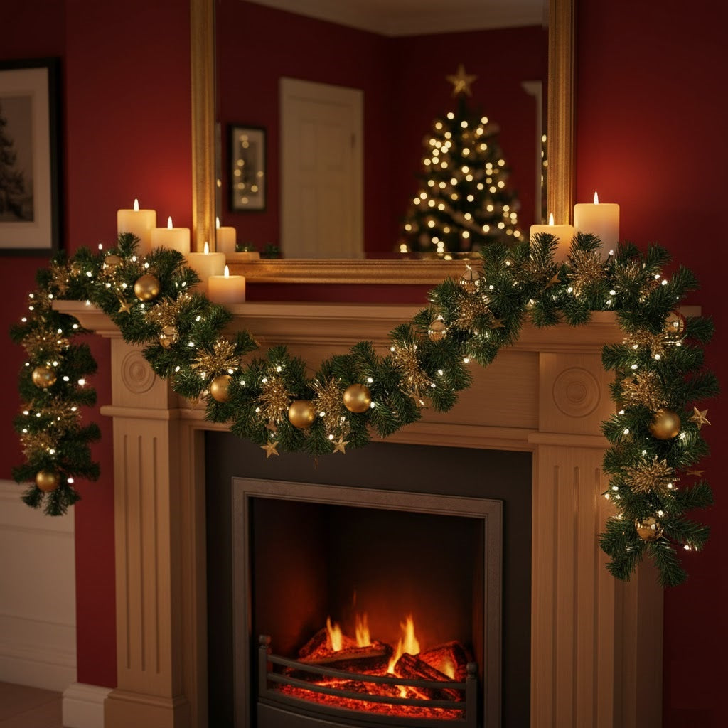 Christmas Decoration Tinsel Garland with Gold Baubbles Green 274cm CAA754440