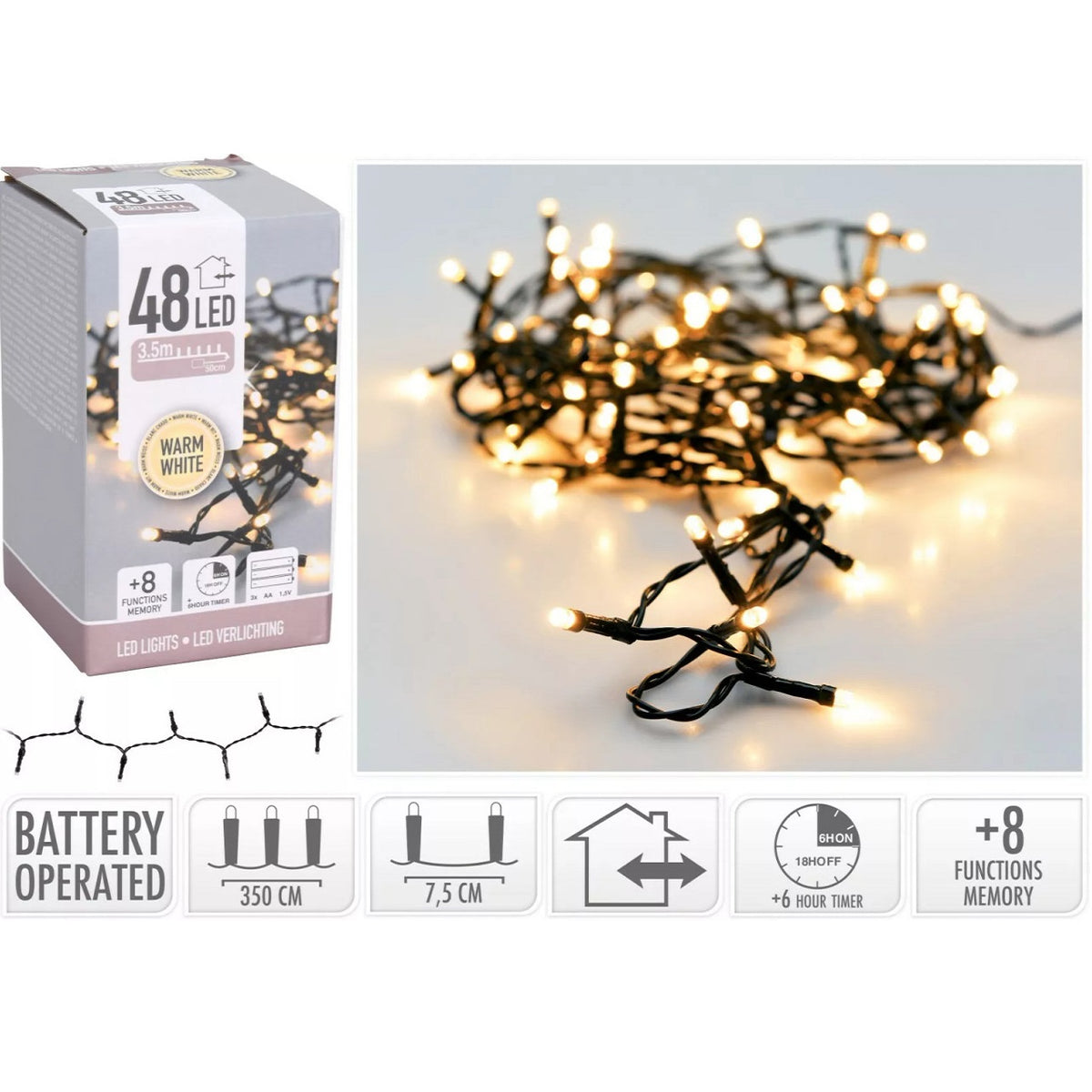 48 LED Twinkling Fairy Lights Warm White 3.5Mtr AX9810120 | Plus 8 Functions Memory | Plus 6 Hour Timer