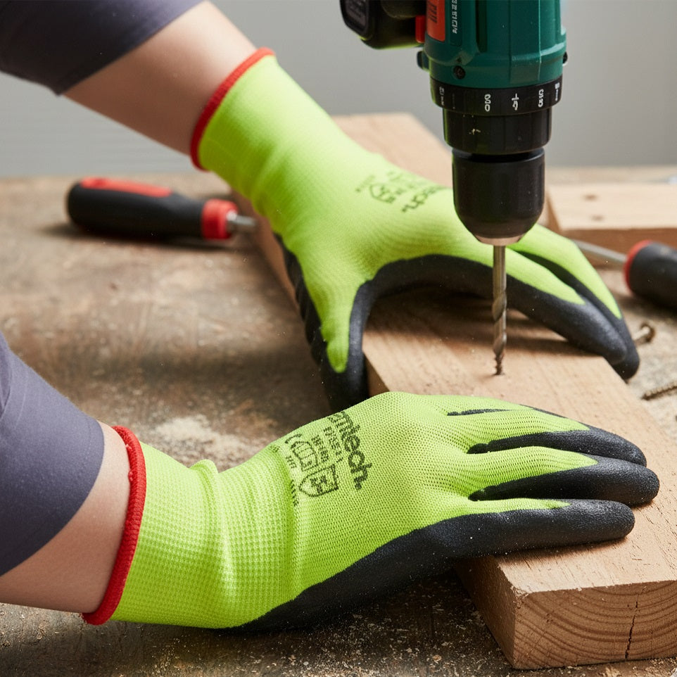 Am-Tech Hi-Vis Latex Coated Gloves Green and Black Large Size 9 N2381