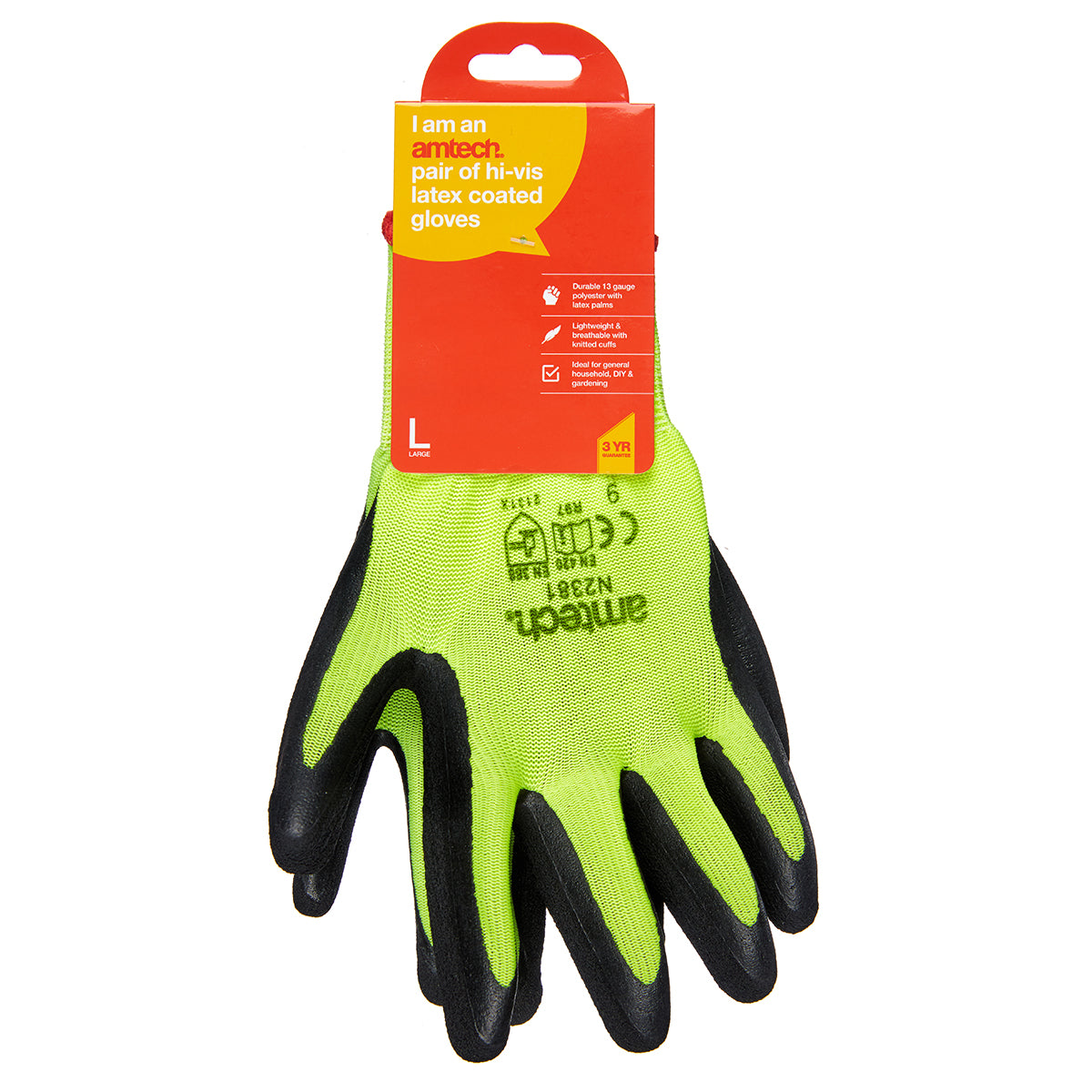 Am-Tech Hi-Vis Latex Coated Gloves Green and Black Large Size 9 N2381