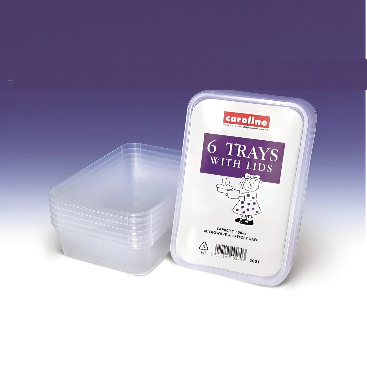 Caroline Rectangular Plastic Food Container Trays With Lids Clear 500ml L16.5cm x W11.5cm x H3.5cm Pack of 6 2001 | Microwave and Freezer Safe