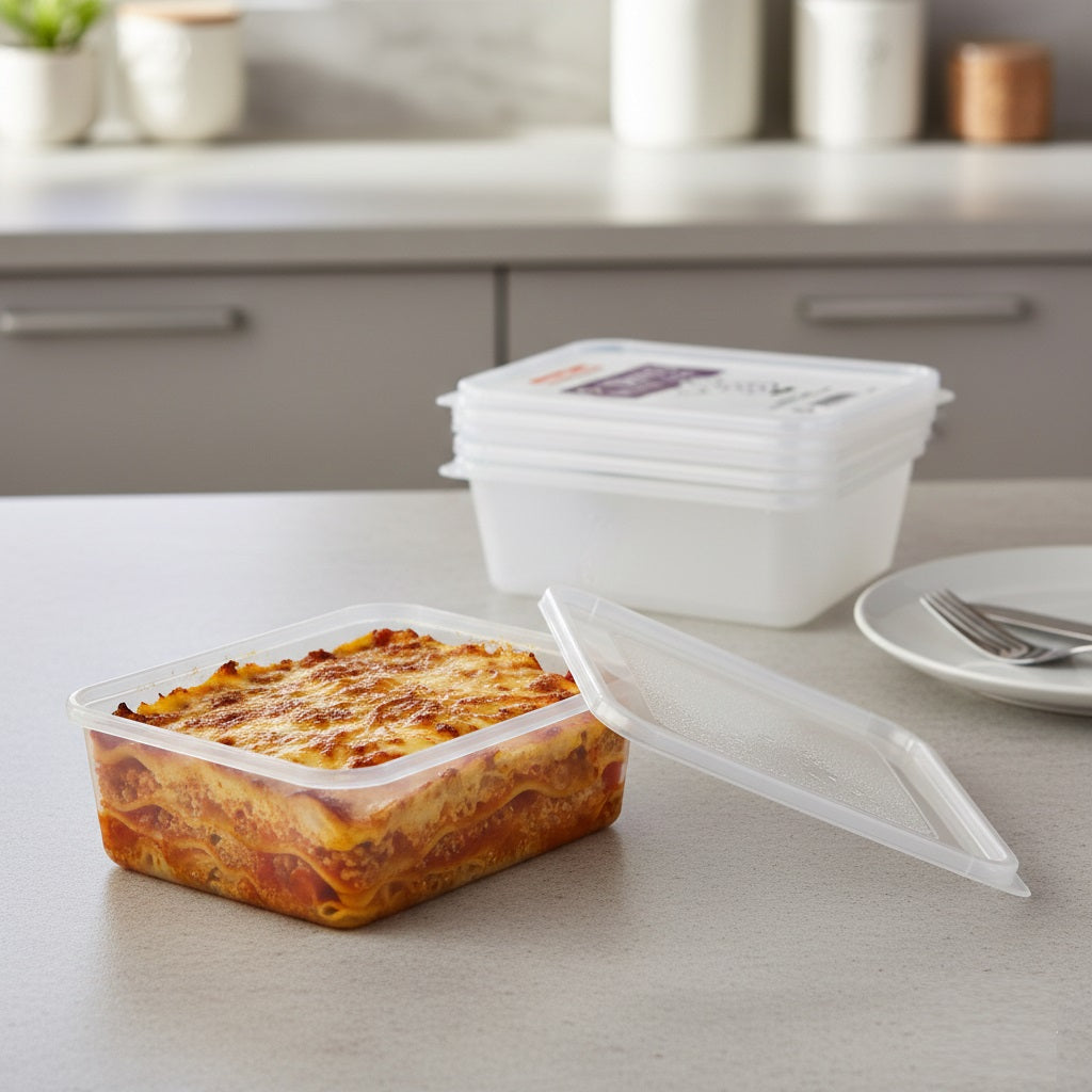 Caroline Rectangular Plastic Food Containers Trays With Lids Clear 650ml L17.5cm x W12cm x H5cm Pack of 5 2002 | Microwave and Freezer Safe