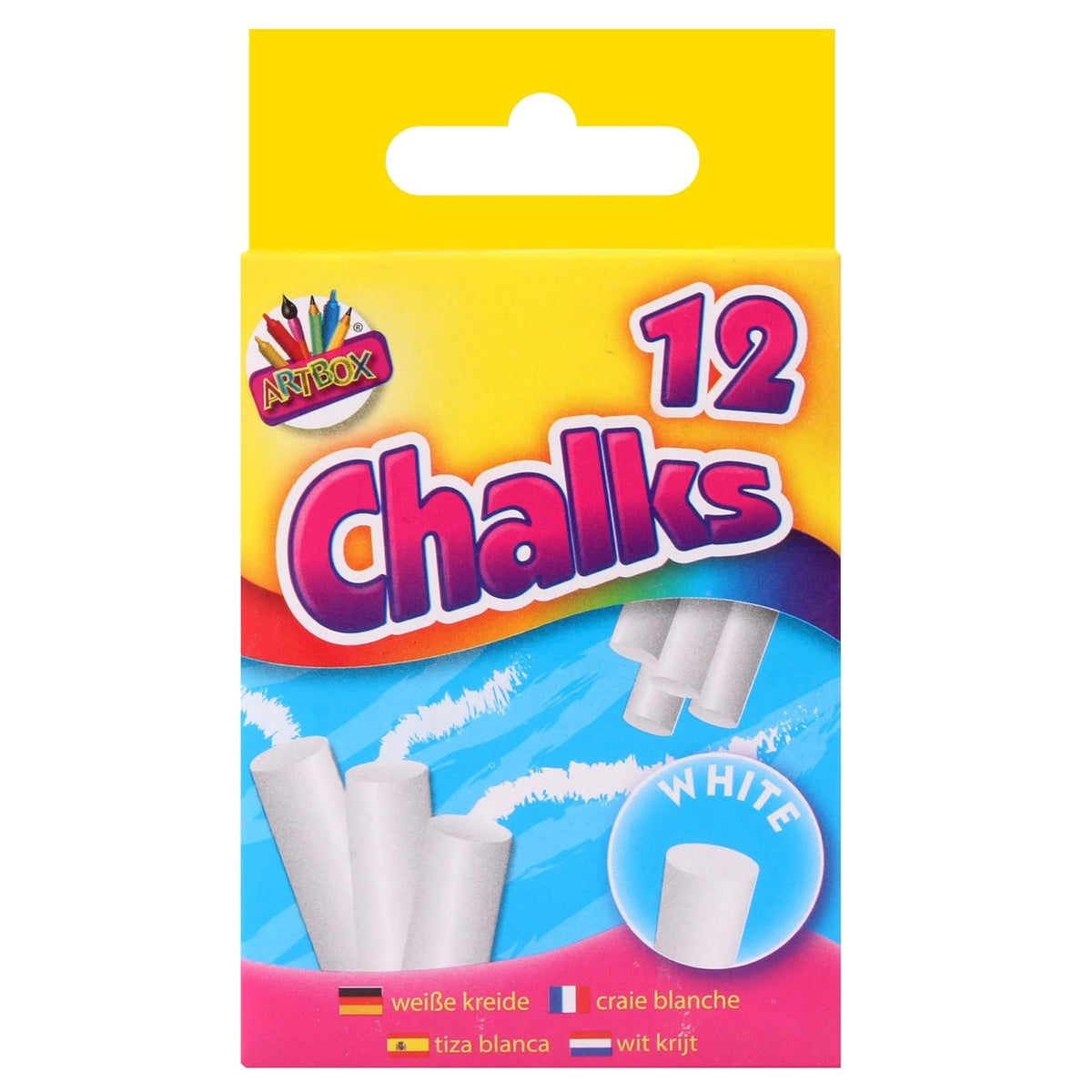 Artbox Chalk Sticks in Hanging Box White Pack of 12 1208 | Dust-Free Classroom and Blackboard Chalk | For School Office and Home Use