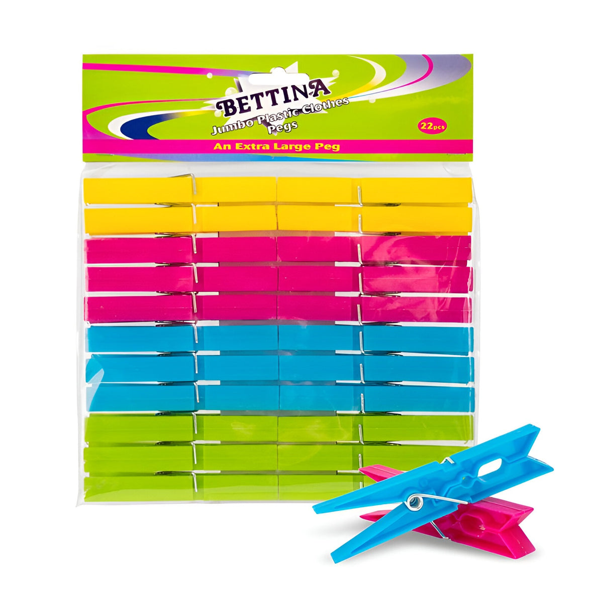 Bettina Jumbo Plastic Clothes Pegs Assorted Colours Pack of 22 B399 | An Extra Large Peg
