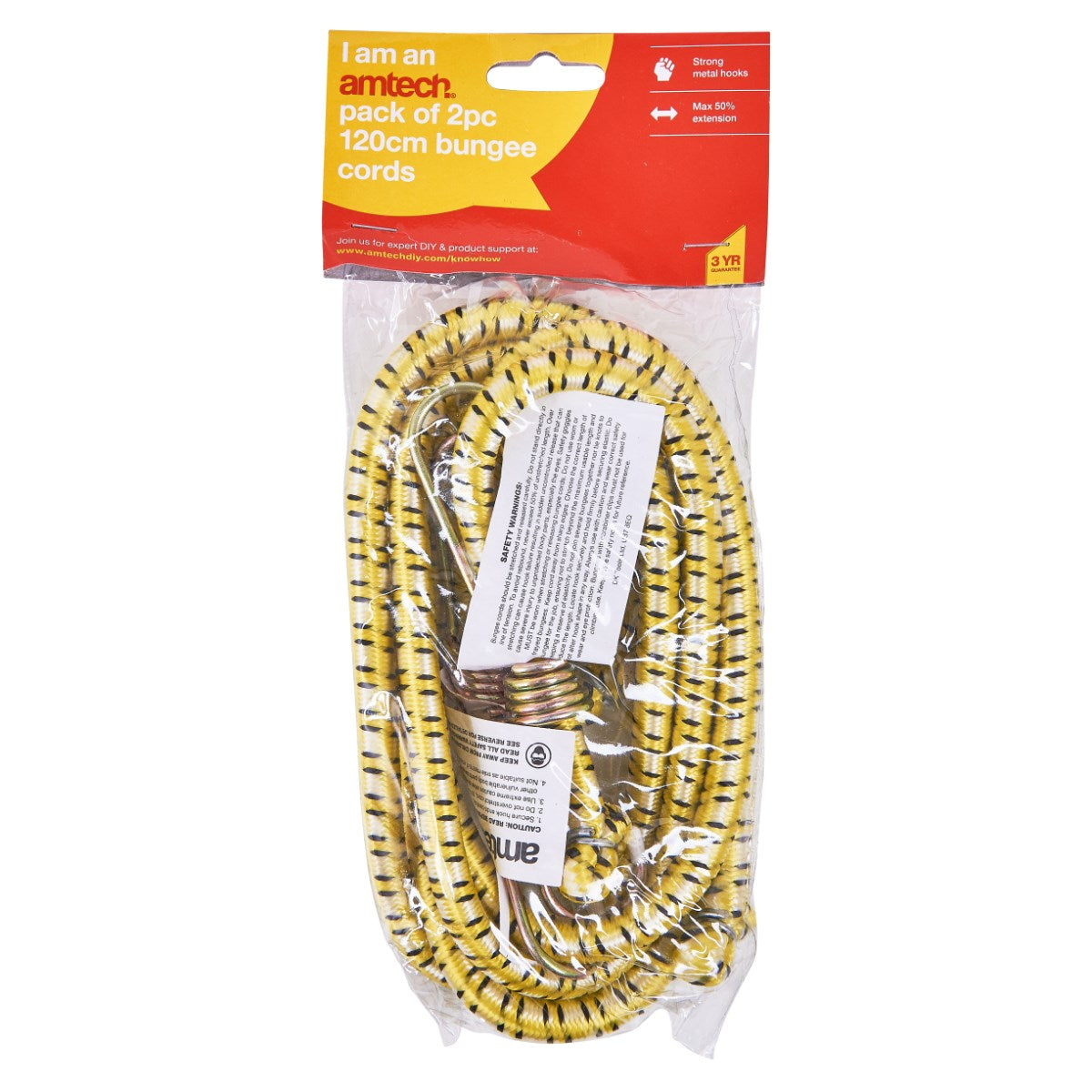 Amtech Bungee Cords Yellow 120cm Pack of 2 S0652 | With Hardened Metal Hooks and Rubber Stops