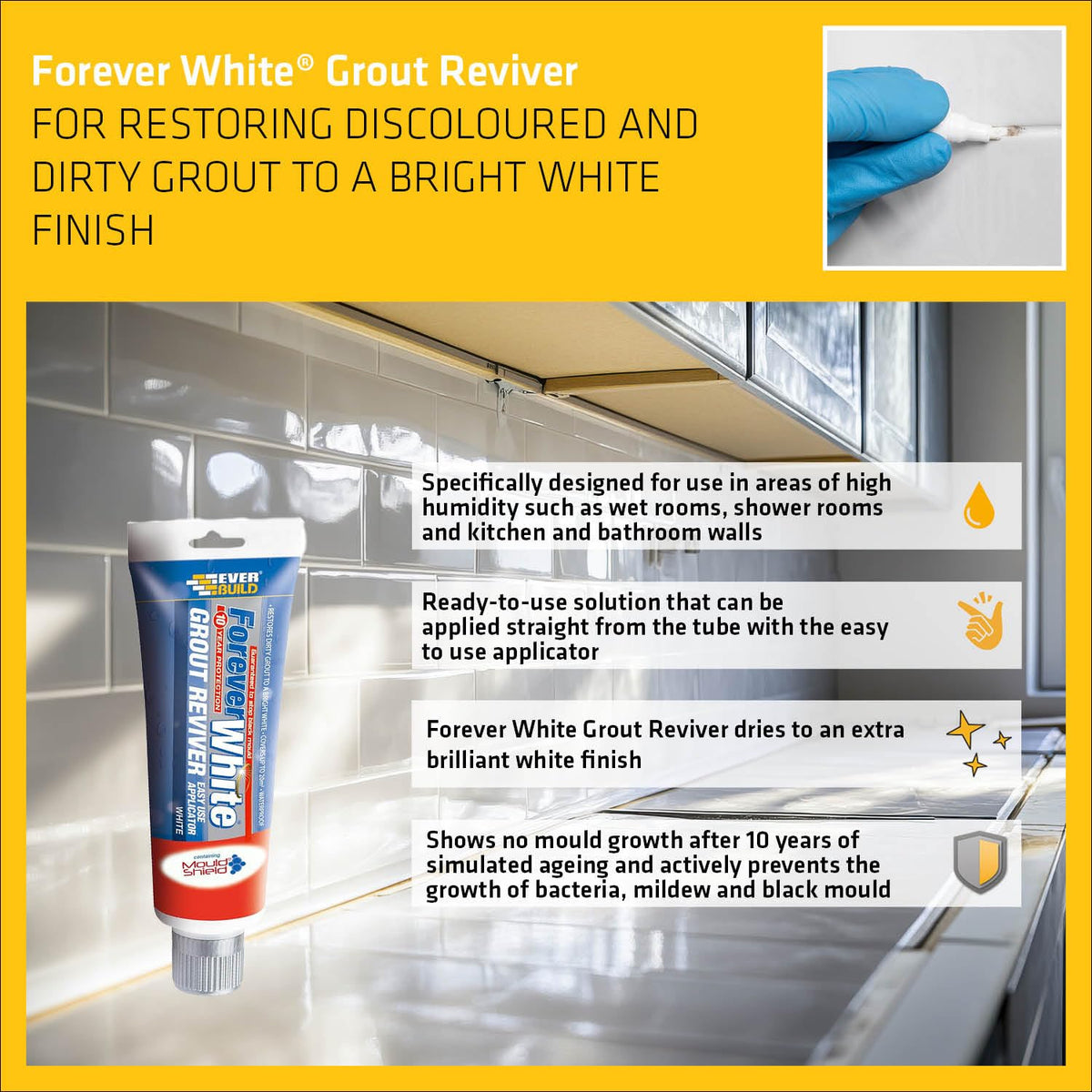 Everbuild Forever White Grout Reviver Multicoloured 200ml 487331 | With Mould Shield-Easy Applicator and Waterproof | Easy Use