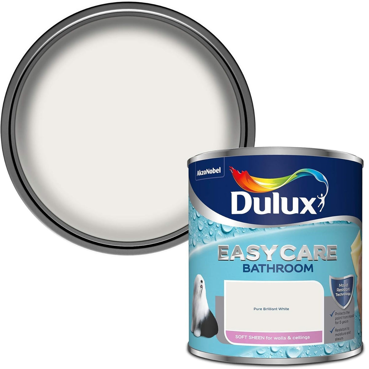 Dulux EasyCare Bathroom Paint Pure Brilliant White 1Ltr 5092174 | Soft Sheen for Walls and Ceilings | Mould Resistant - Steam Resistant