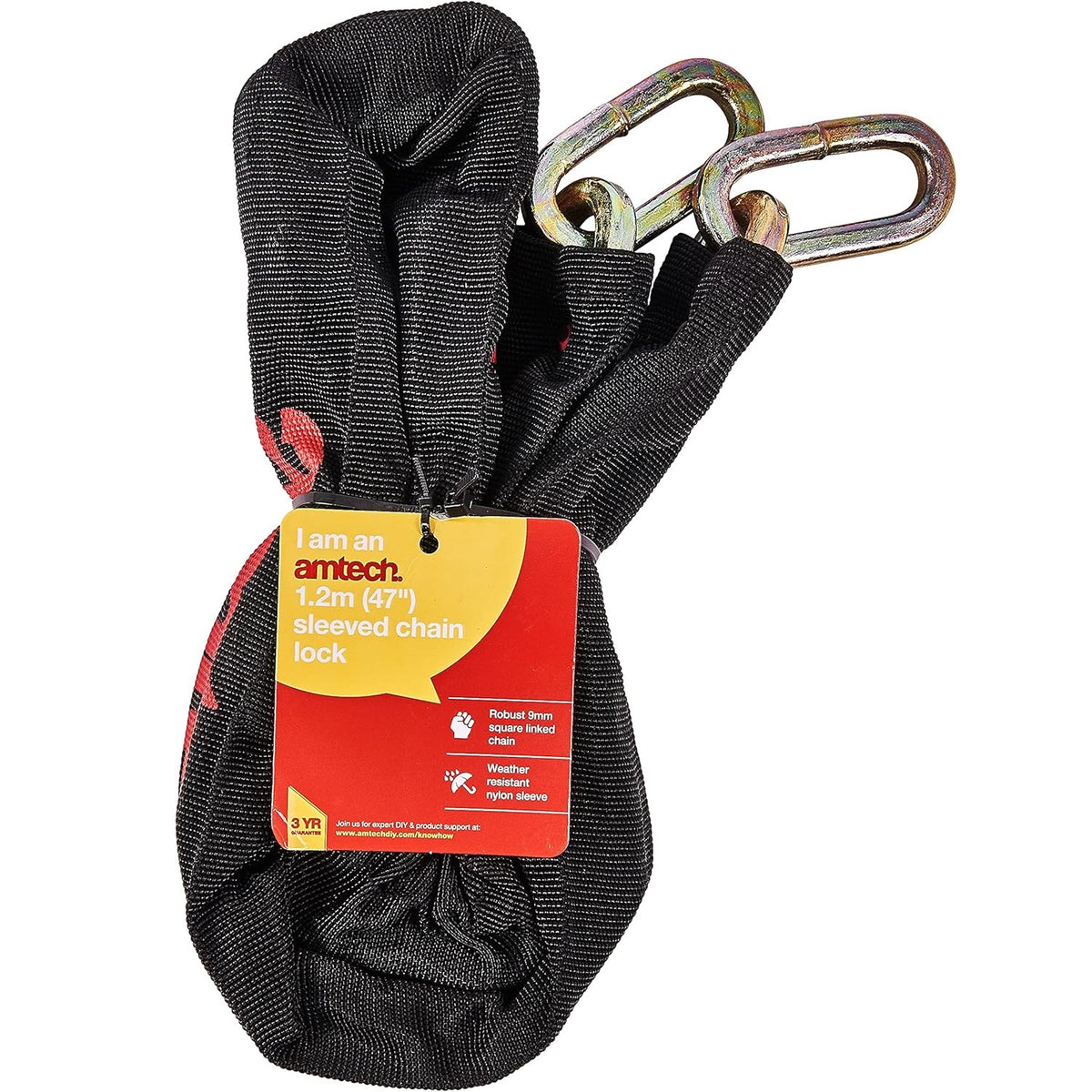 Amtech Heavy Duty Sleeved Chain Lock With Square Links Black 10mm x 120cm S3275 | zinc Passivated Finish | Steel Security Chain | Weather-Resistant Nylon Sleeve | For Securing Motorbikes-Bicycles and Other Security Applications