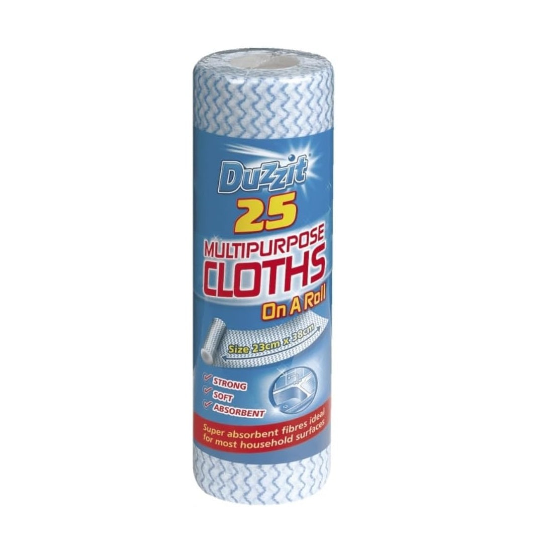 151 Duzzit Multipurpose Cleaning Cloths On A Roll White and Blue 23cm x 38cm Pack of 25 | Strong and Absorbent Fibres | Soft Non-Scratch Household Cleaning Wipes