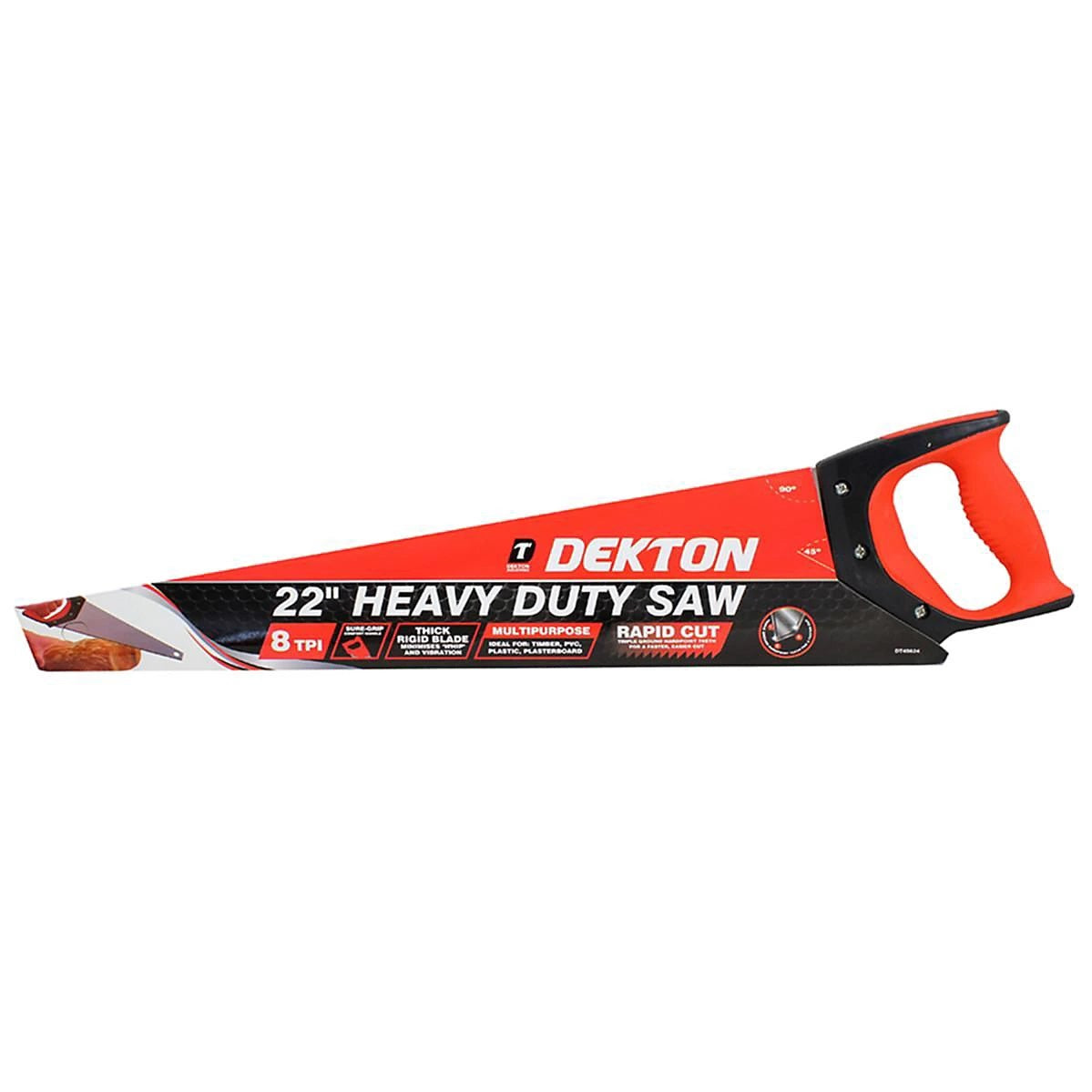 Dekton Heavy Duty Hand Saw Red and Black 22-Inch DT45624 | 8 TPI | Sure-Grip Comfort Handle | Thick Rigid Blade | Multipurpose | Rapid Cut