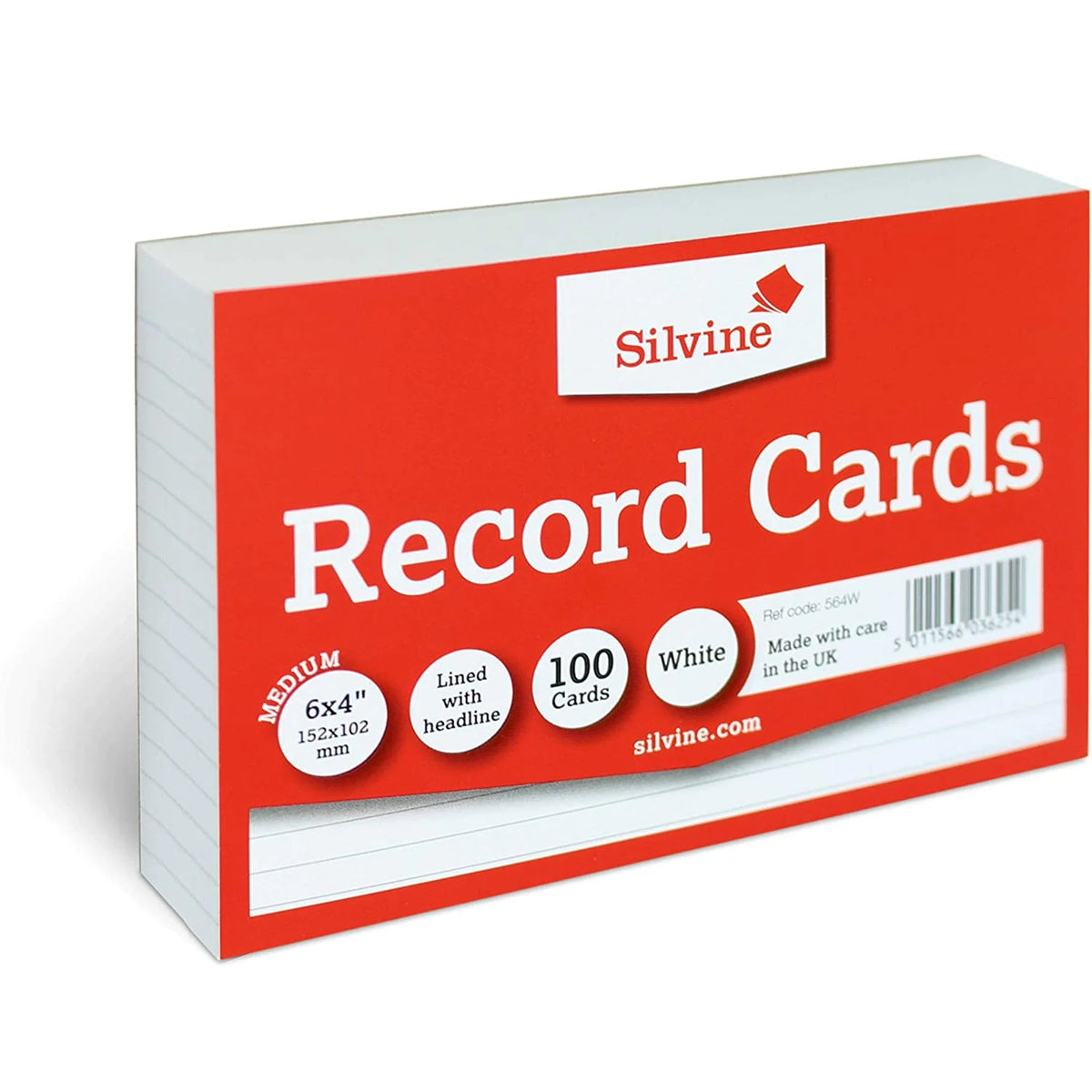 Silvine Record Cards White 6-Inch x 4-Inch Pack of 100 564W | Lined With Headline | White Index Cards | Ideal for Notes-Revision and Filing