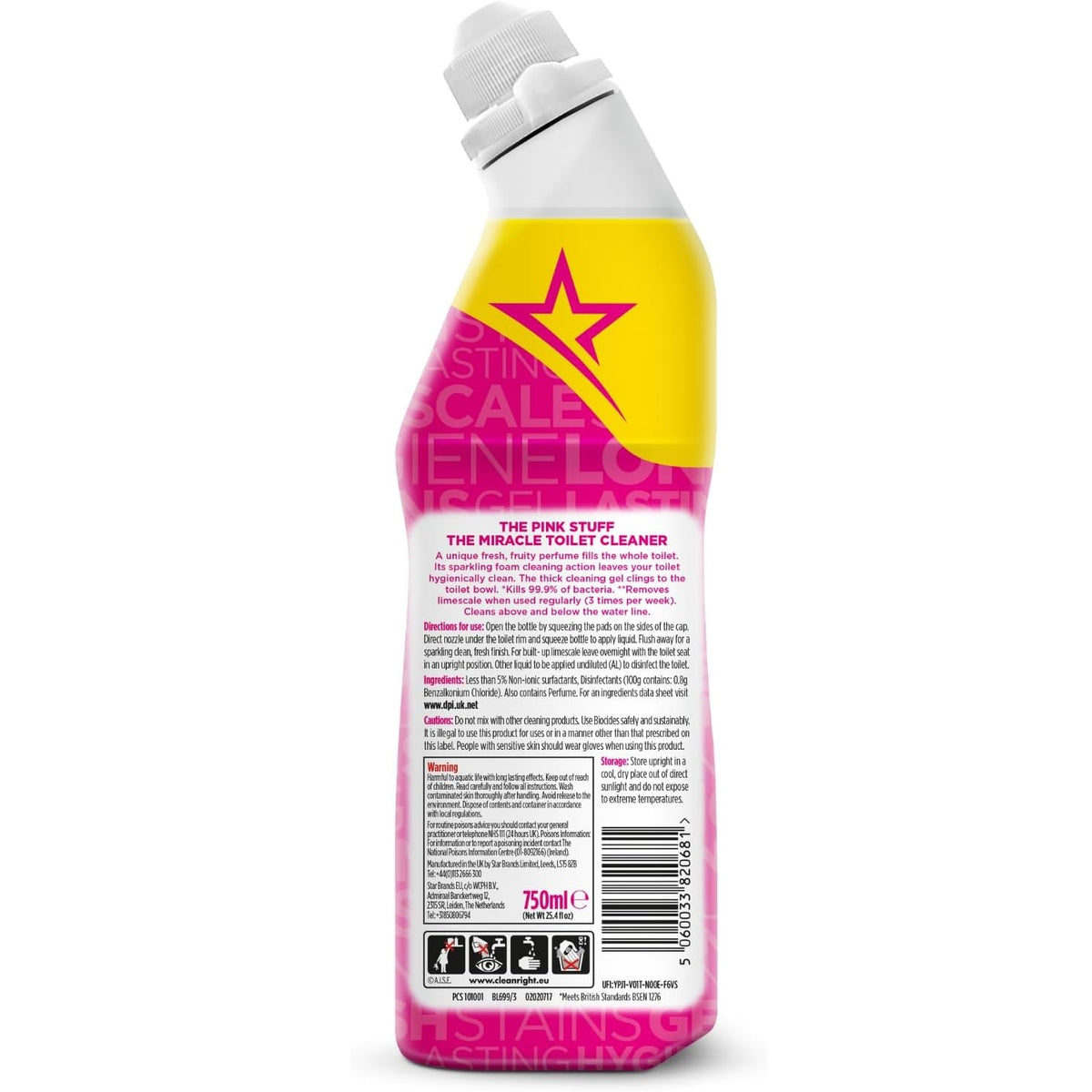 Star Drops The Pink Stuff Miracle Toilet Cleaner Multicoloured 750ml HOSTA012A | Removes Stains and Limescale | Thick Cleaning Gel | Sparkling Clean | Efective Foaming Formula