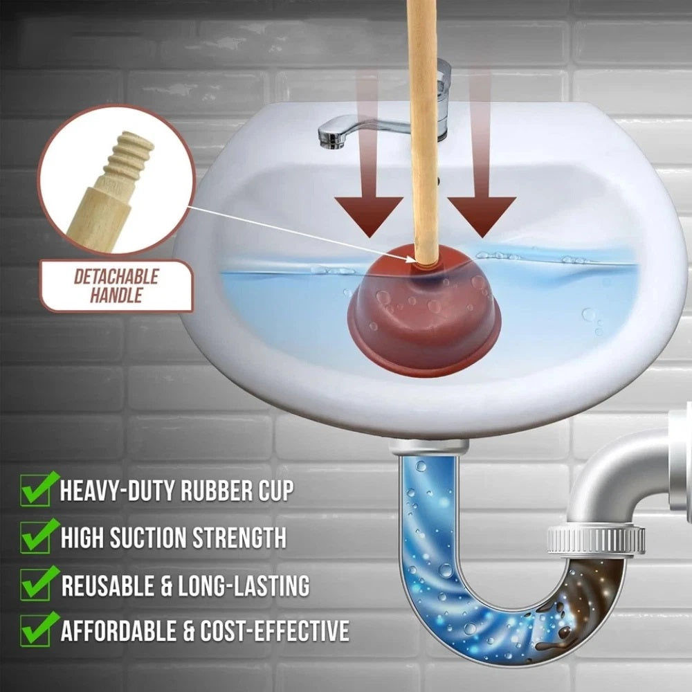 Adorn Medium Heavy Duty Toilet Plunger with Detachable Wooden Handle Brown AG031 | High Suction Rubber Cup | Drain-Basin and Sink Unblocker