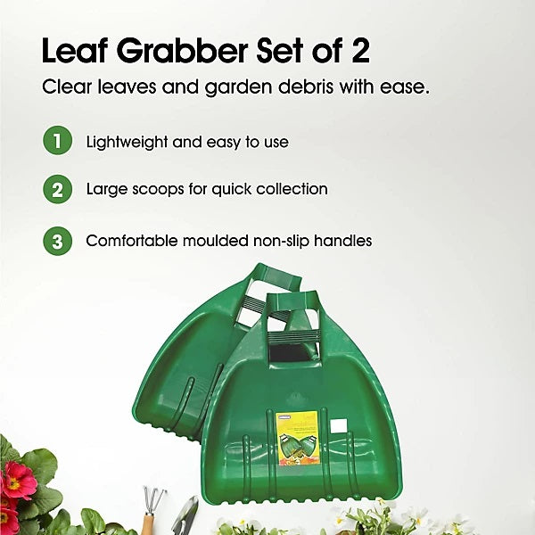 Whitefurze Leaf Grabber Green Pack of 2 G25LG1 | Lightweight Garden Leaf Scoops | Easy Lawn and Yard Debris Collection | With Non-Slip Handles