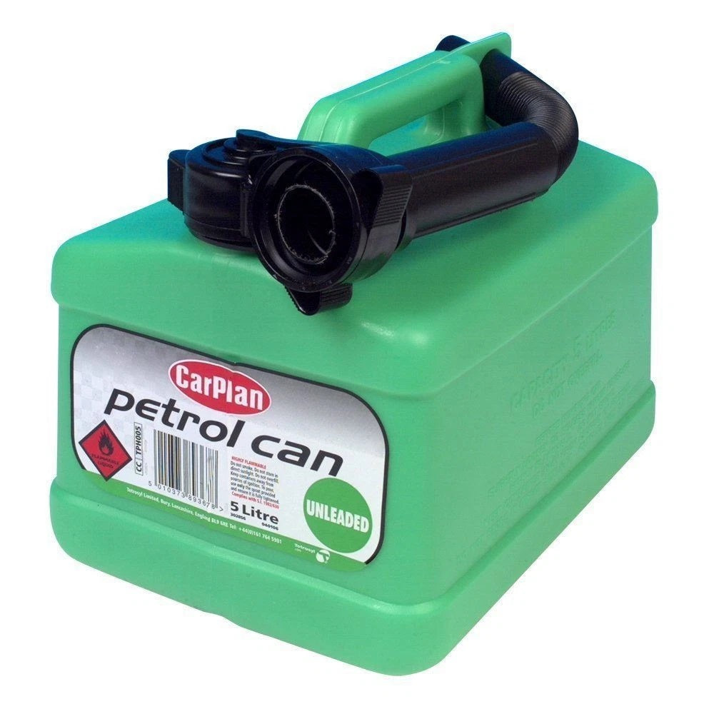 CarPlan Plastic Unleaded Petrol Can Green 5Ltr TPH005 | A Flexible Pouring Spout | Colour-Coded Green for Unleaded Fuel