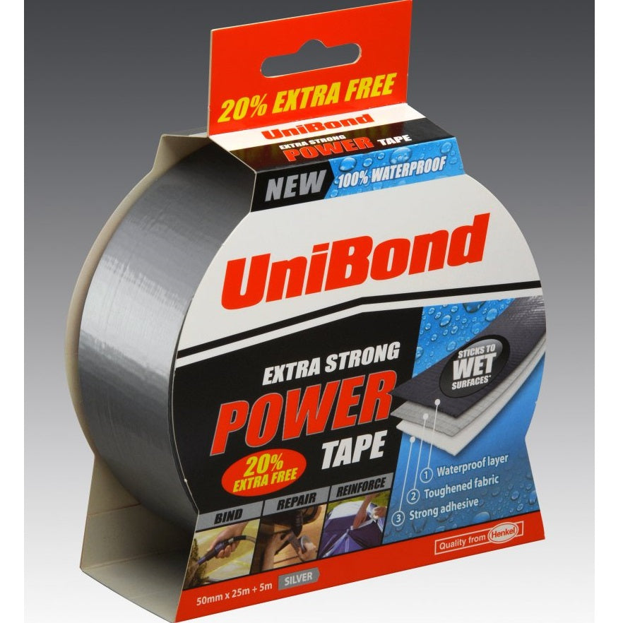 UniBond Extra Strong Power Tape Silver 50mm x 25Mtr 1810245 | Waterproof Repair Tape | Strong Adhesive | Toughened Fabric