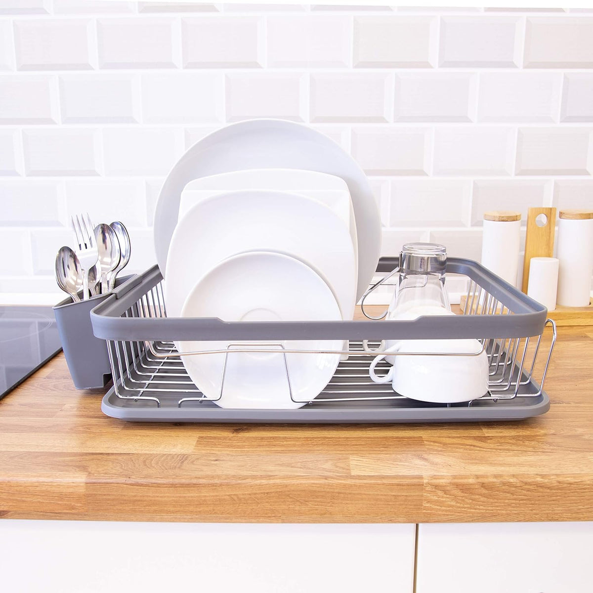 Anika Kitchen Dish Drainer with Drip Tray Grey 41cm x 9.5cm x 32cm 69069 | Stainless Steel Construction | Includes Removable Cutlery Holder