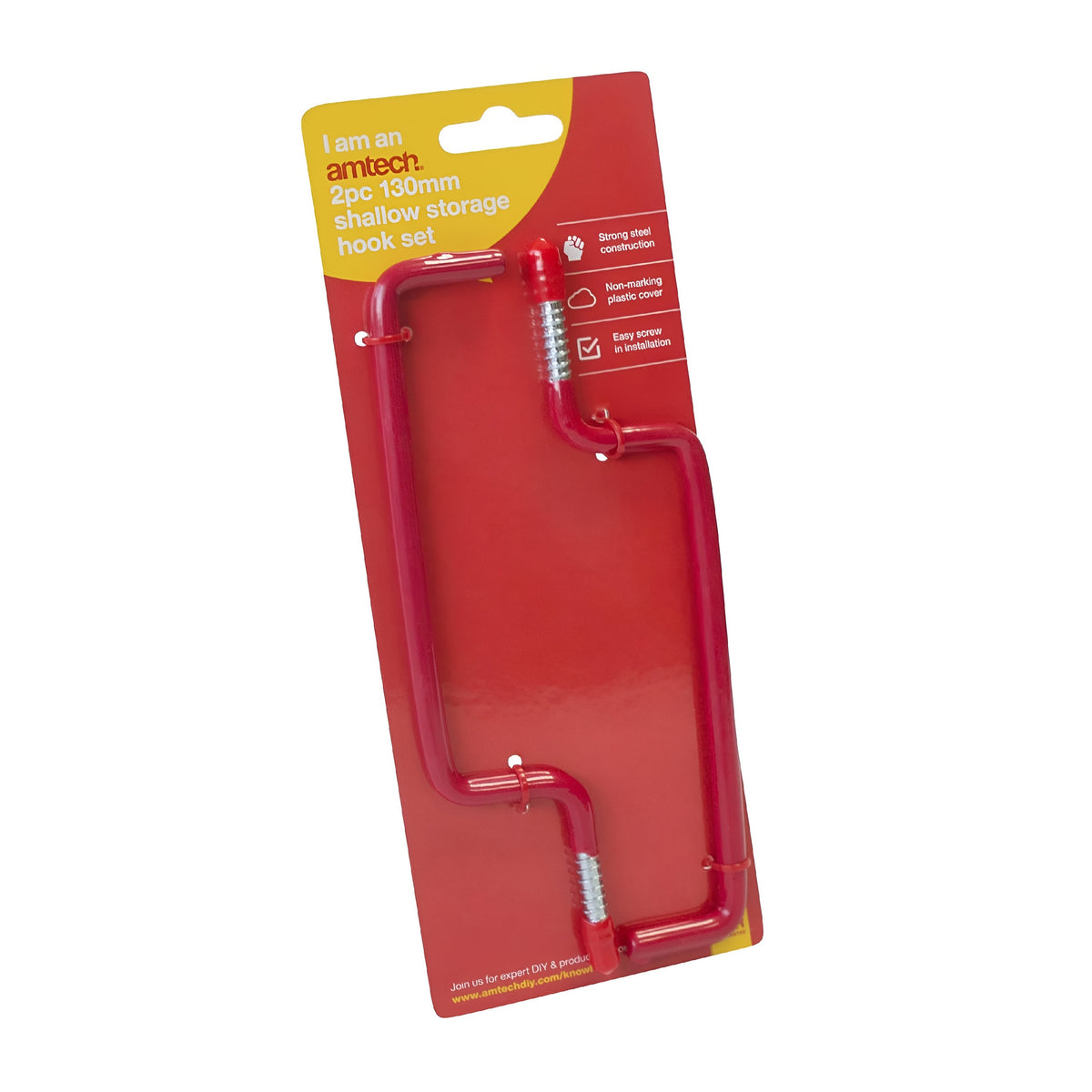 Amtech Shallow Storage Hook Set Red 130mm Pack of 2 S6153 | Strong Steel Construction | Non-Marking Plastic Cover | Easy Screw in Installation