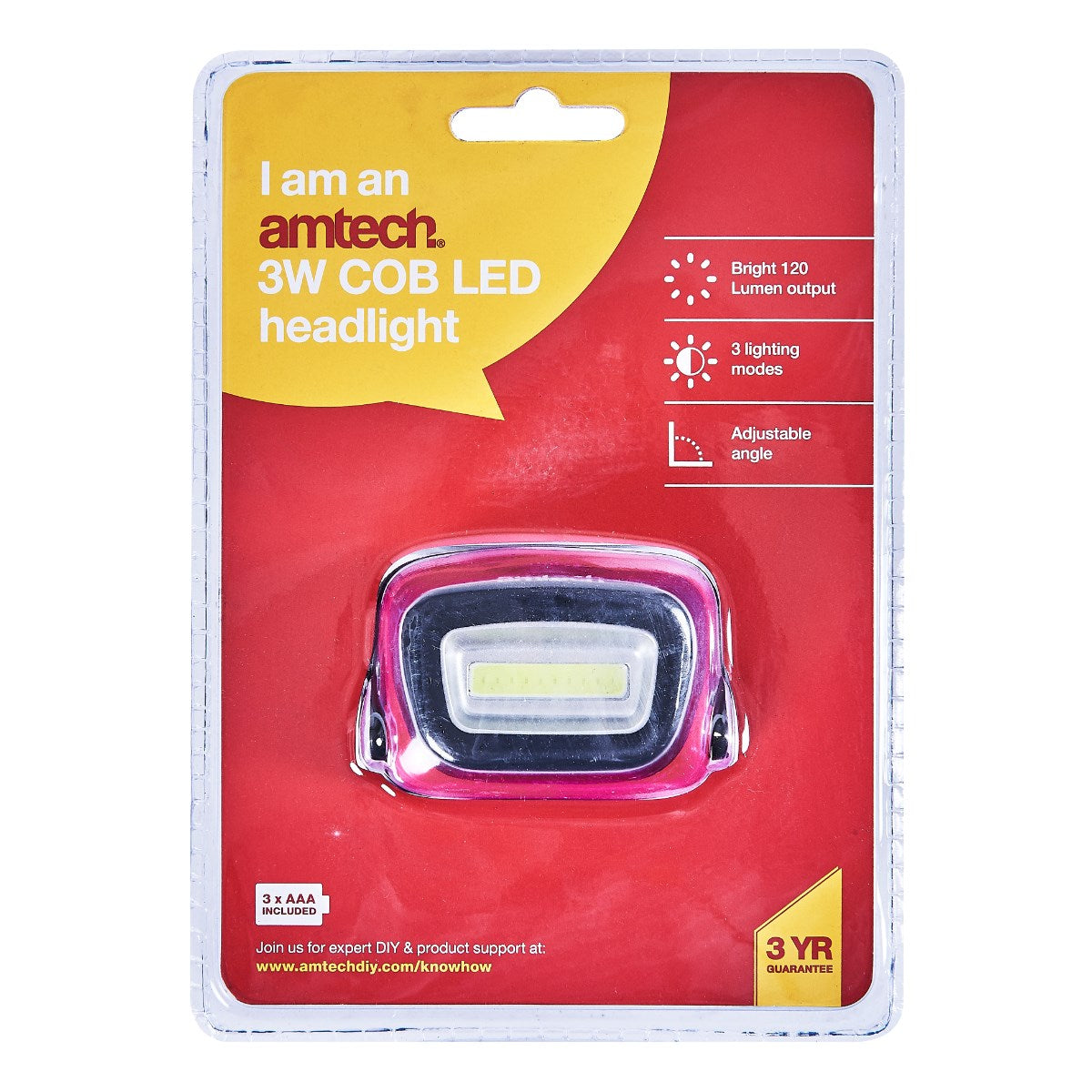 Amtech COB LED Headlight Multicolour 3W S8091 | Bright 120 Lumen Output | 3 Lighting Modes | Adjustable Angle