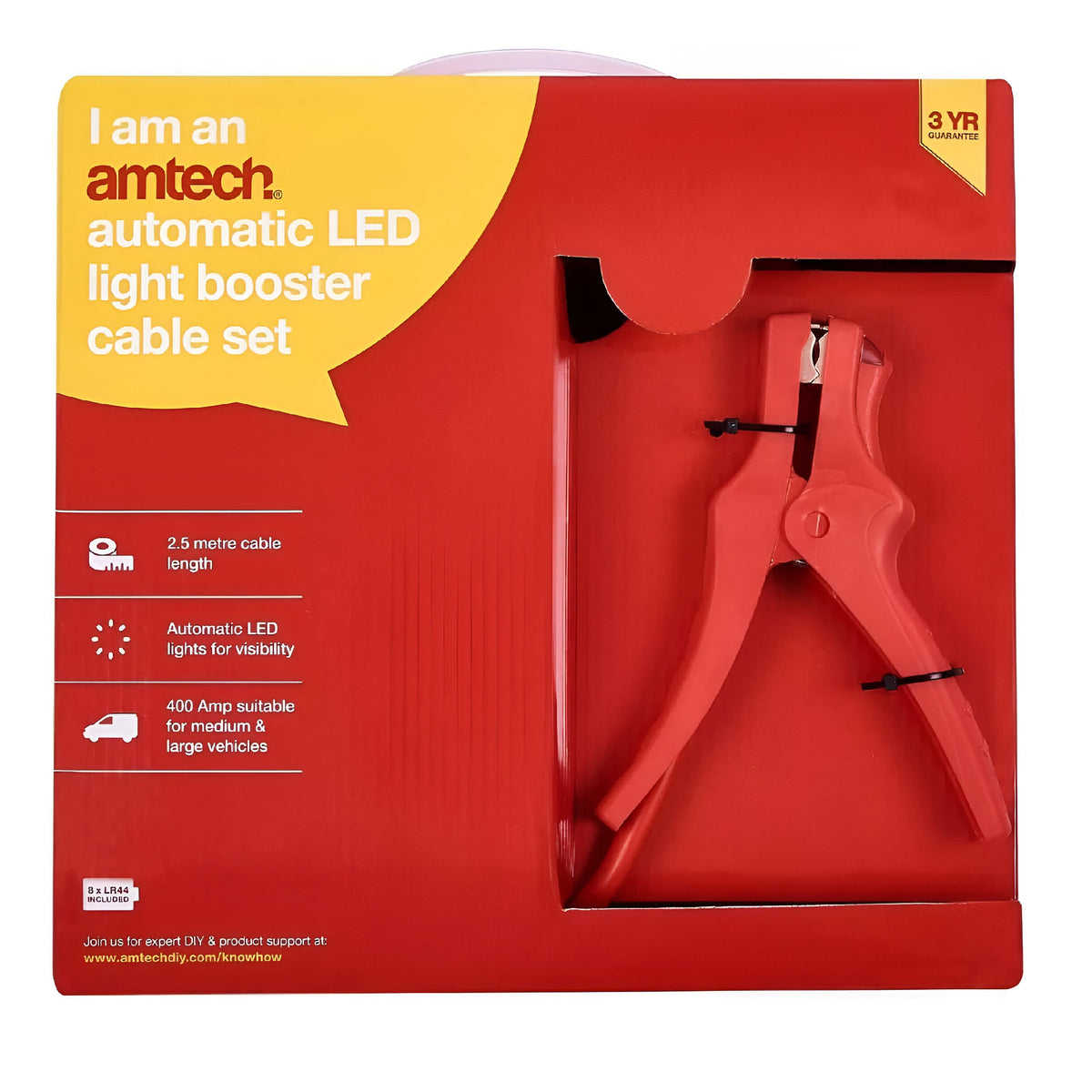 Amtech Automatic LED Light Booster Cable Set Red and Black 2.5Mtr 400A J0325 | Automatic LED Lights for Visibility | Suitable for Medium and Large Vehicles