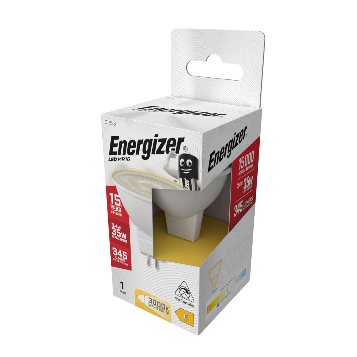 Energizer GU5.3 MR16 LED Light Bulb White S8832 | 3.4W | 35W Replacement | 3000K Warm White | 345 Lumens | 15-Year Lifespan | Non Dimmable | 15000Hr Lifespan | Mercury Free | Energy Rating E