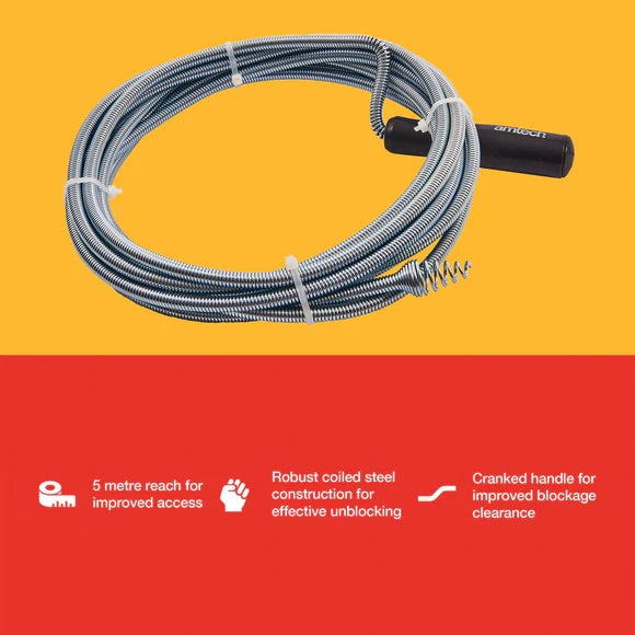 Amtech Flexible Drain and Waste Pipe Unblocker Silver and Black 5Mtr S1895 | Robust Coiled Steel Construction