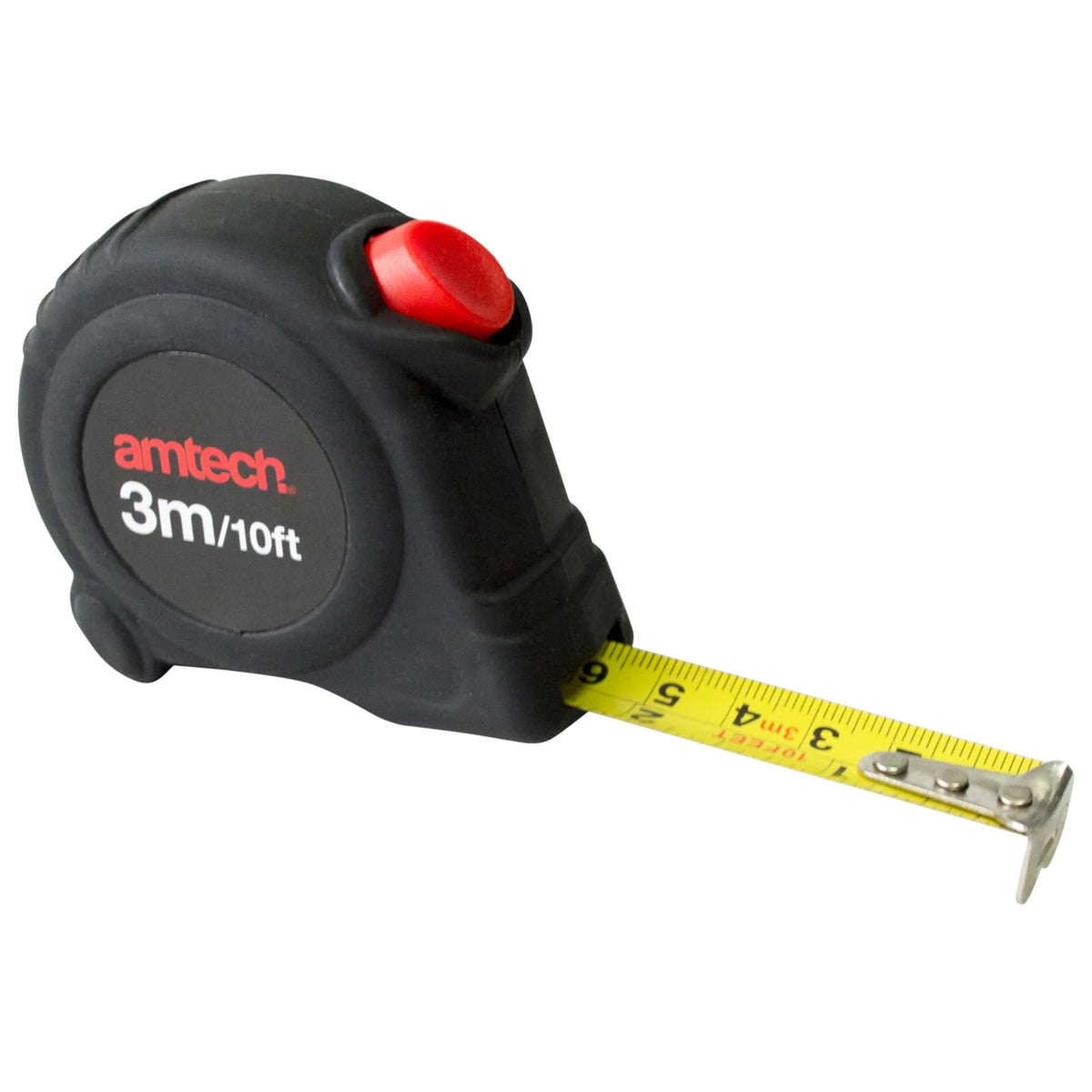 Amtech Self Locking Measuring Tape Black and Red 3Mtr x 16mm P1260 | Steel Blade | Push Button Recoil