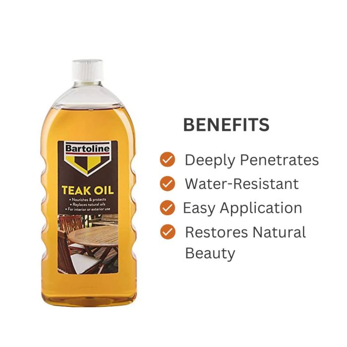Bartoline Teak Oil Light Brown 1Ltr 26214670 | Nourishes and Protects | For Indoor and Outdoor Use | Replaces Natural Oils | Versatile Use | Extends Wood Life