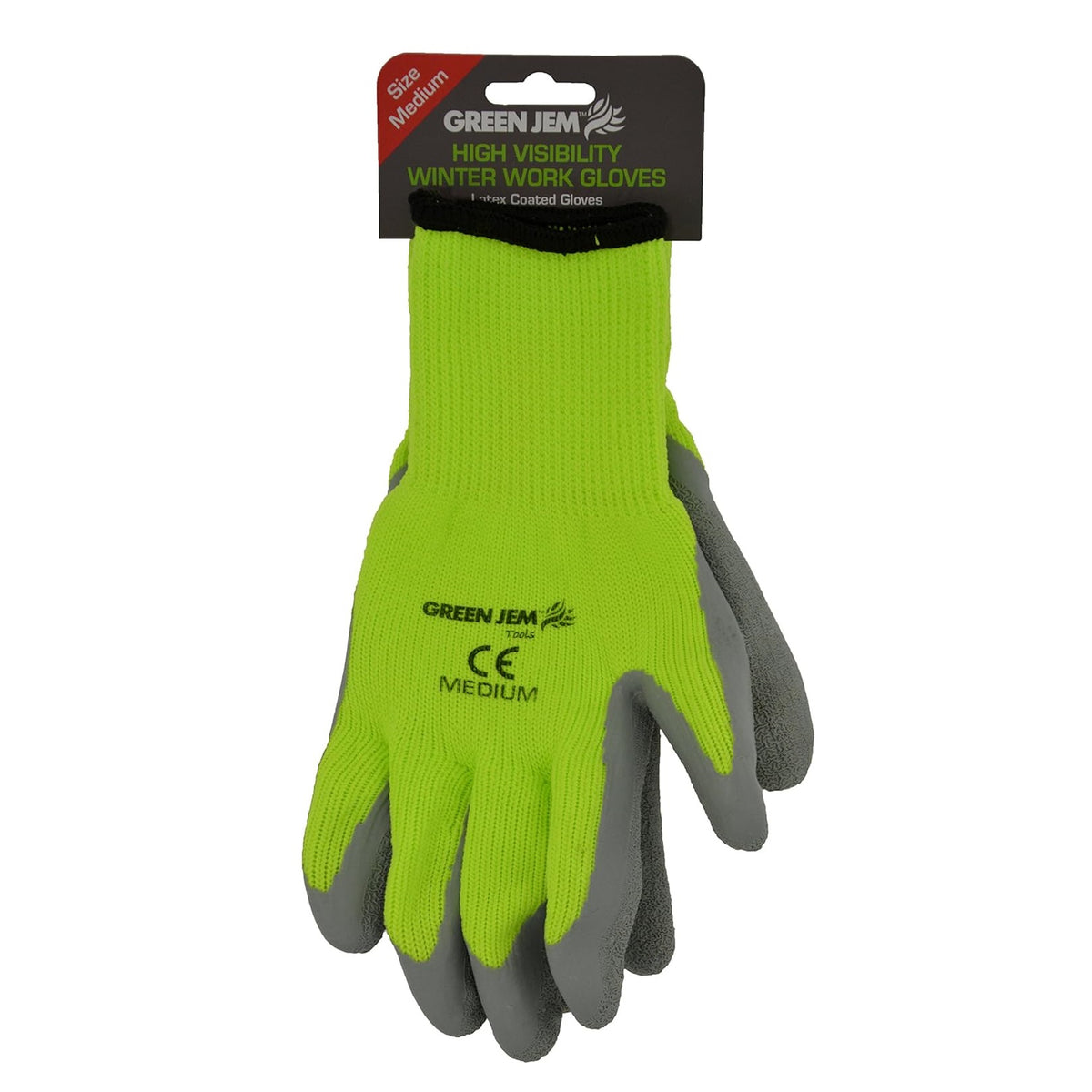 Green Jem Medium High Visibility Winter Work Gloves Green and Grey GLHV-GM | Latex Coated Grip | Outdoor Work Safety Gloves