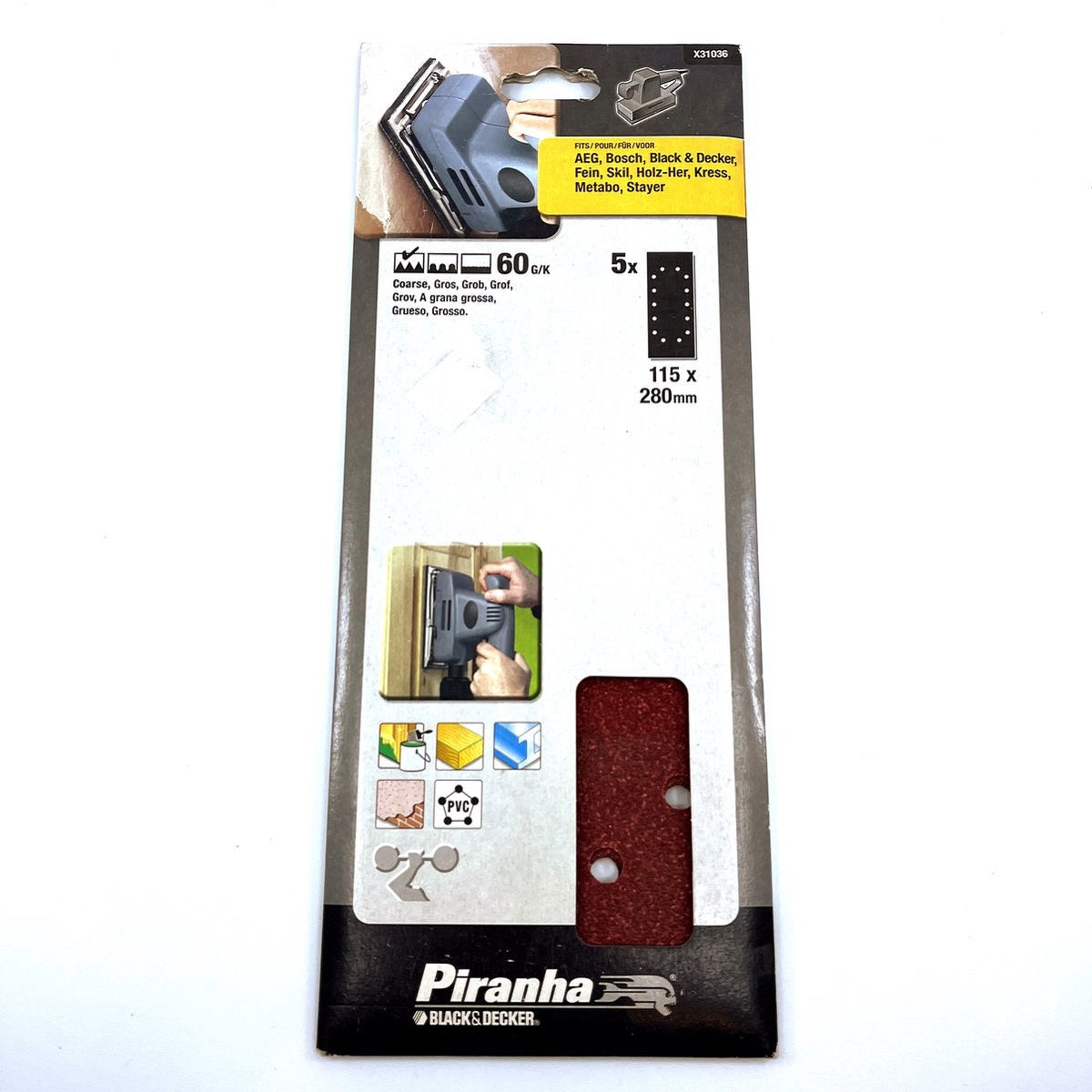 Black and Decker Piranha Sanding Strips Dull Red Grit-60 115mm x 280mm Pack of 5 X31036