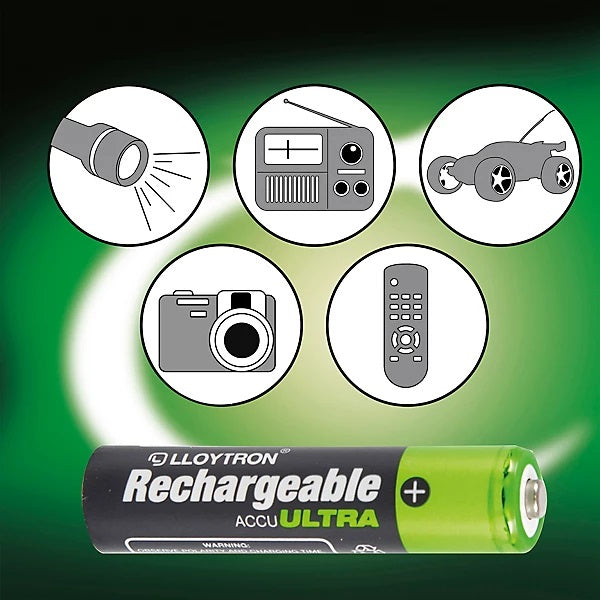Lloytron AAA NiMH Accu Ultra Batteries Green and Black Pack of 4 B1004 | 1100mAh | Advance Technology | Lasts Longer | Up to 1000 Charges