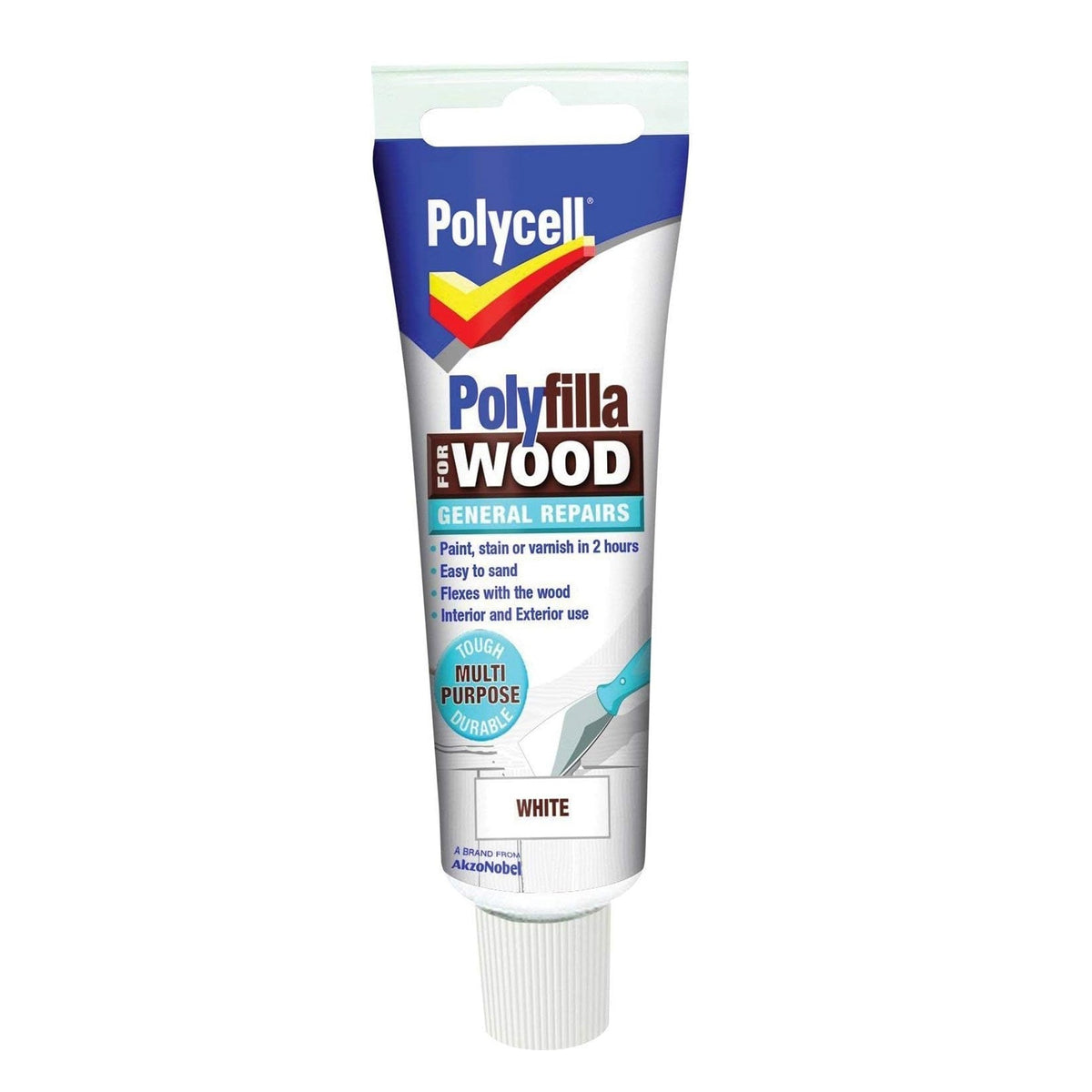 Polycell Polyfilla Wood Filler for General Repairs White 75gm 5207203 | Tough | Multi-Purpose | Interior and Exterior Use | Easy to Sand | Paint-Stain or Varnish in 2Hr