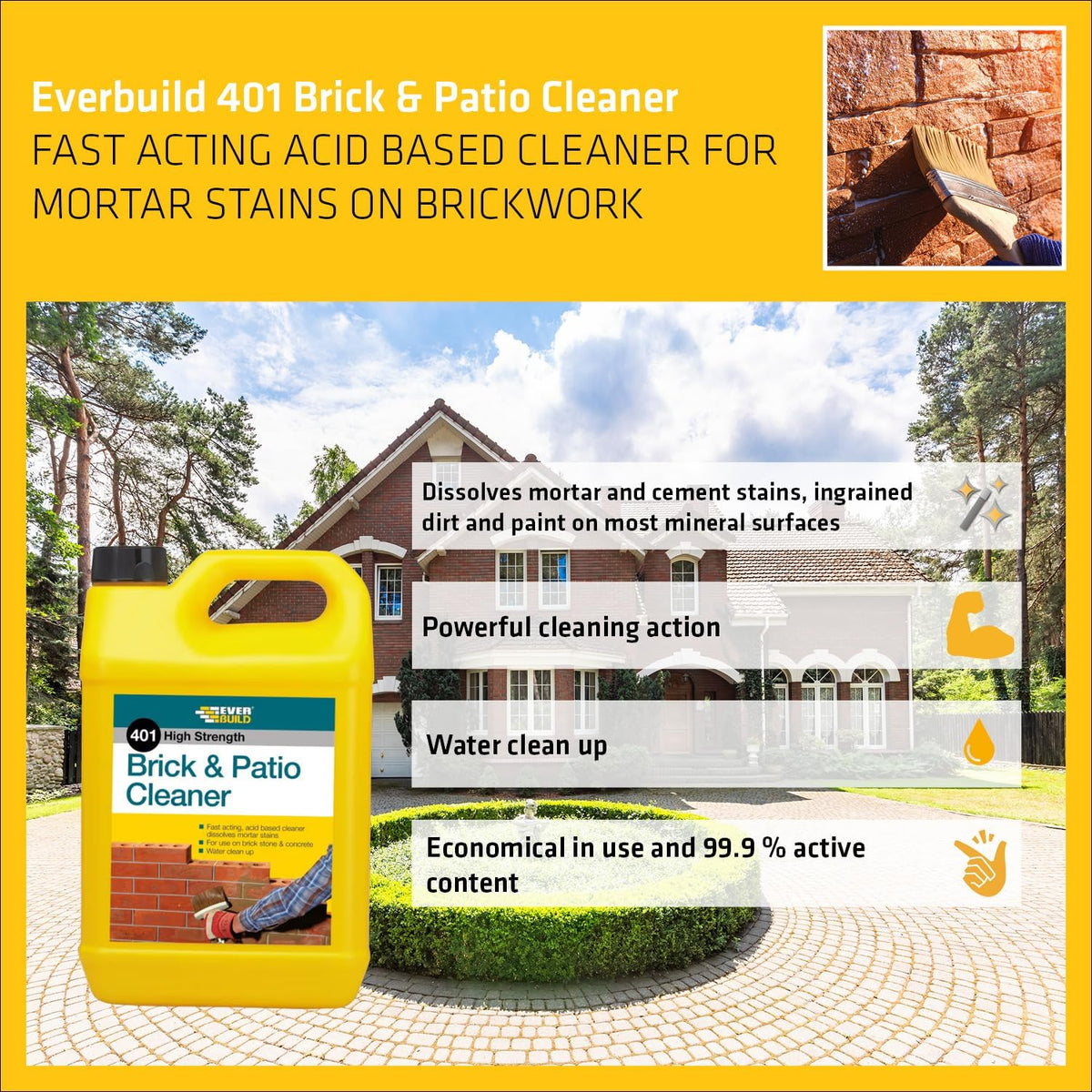 Everbuild 401 High Strength Brick and Patio Cleaner Yellow 5Ltr 484097 | Fas Acting | Restore Outdoor Surfaces | For Both Domestic and Professional Use | Disolves Mortar Stains
