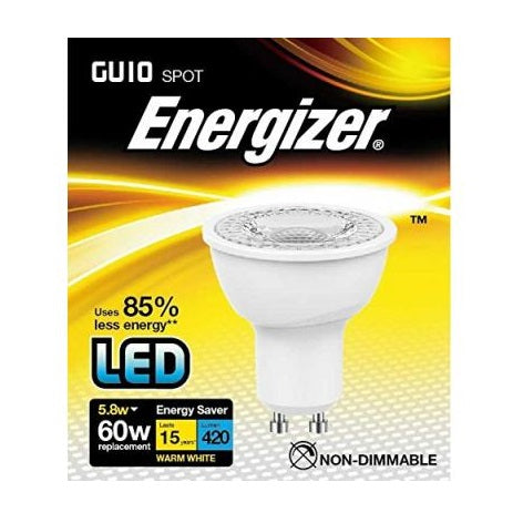 Energizer GU10 LED Light White S9405 | Warm White | 5.8W | 60W Replacement | 420 Lumens | 15-Year Lifespan | Energy Saver | Non Dimmable