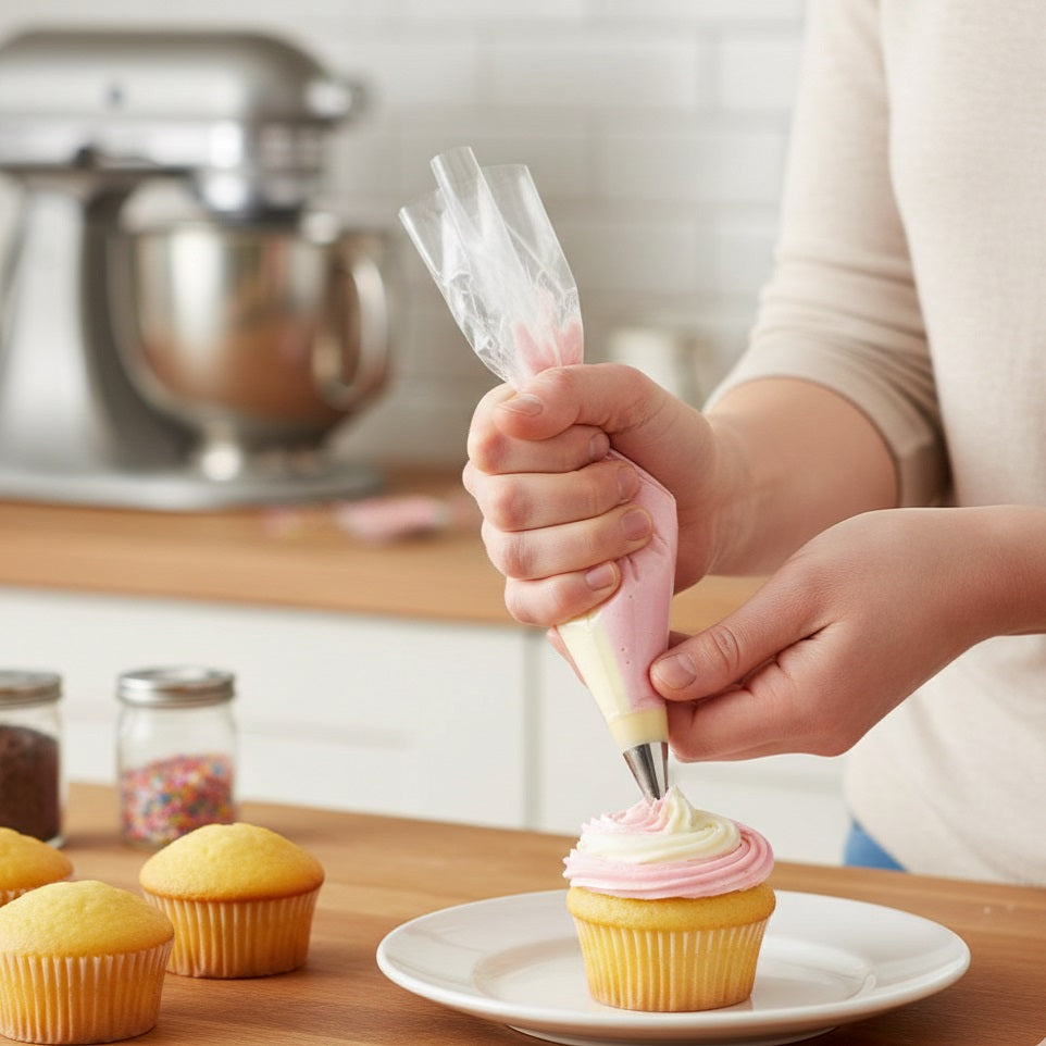 151 Queen Of Cakes Dual Piping Icing Bags Clear Pack of 10 QC1188 | Pipes 2 Colours of Icing at Once |For Use With or Without Decorating Nozzles