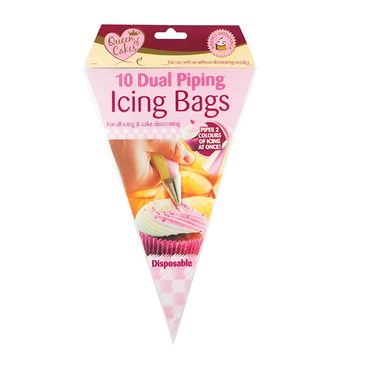 151 Queen Of Cakes Dual Piping Icing Bags Clear Pack of 10 QC1188 | Pipes 2 Colours of Icing at Once |For Use With or Without Decorating Nozzles