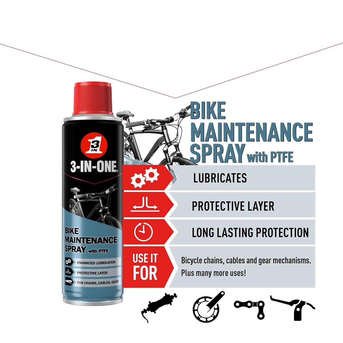 3-In-One Bike Maintenance Spray with PTFE Multicoloured 250ml 44429 | Lubricates | Protects Layer | Long-Lasting Protection | Ideal for Bicycle Chains-Gear Mechanisms and Cables